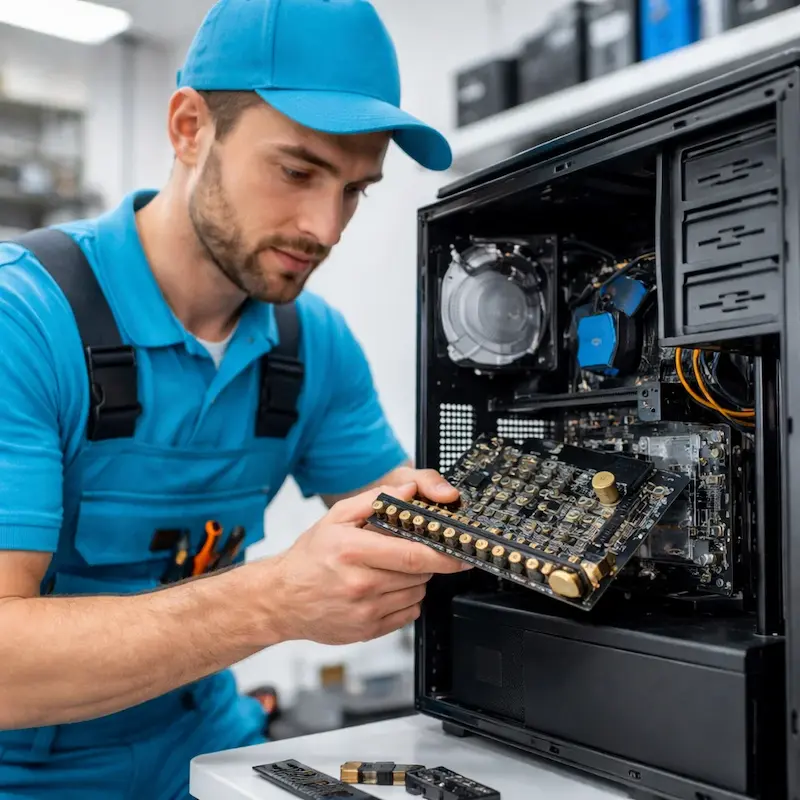 Мастер устанавливает звуковую карту на ПК в Аксае